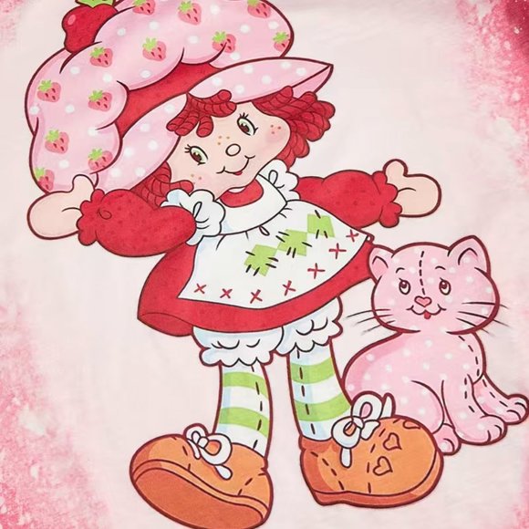 Pink Strawberry Shortcake Cartoon Character & Cat Print T-Shirt size Small - Picture 5 of 6